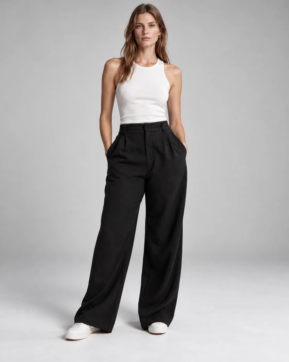 Pantalon large taille haute à pinces Victoria – Noir