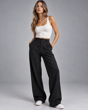 Pantalon large taille haute à pinces Victoria – Noir