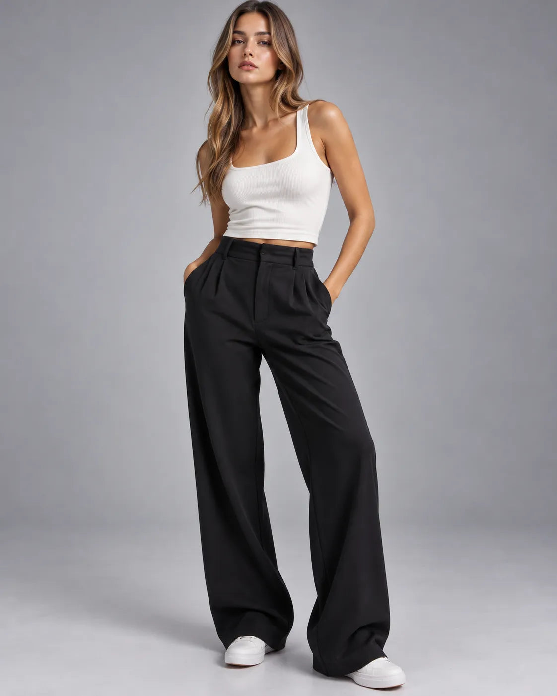 Pantalon large taille haute à pinces Victoria – Noir