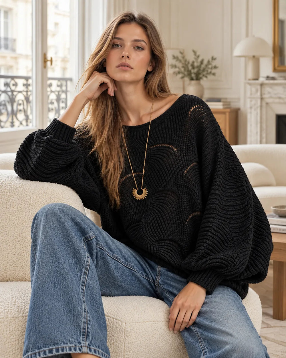 Pull oversize en maille ajourée Léonie – Noir