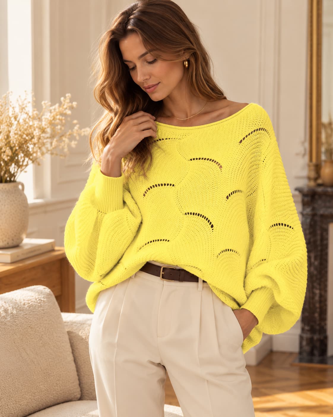 Pull oversize en maille ajourée Léonie – Jaune