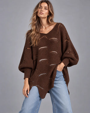 Pull oversize en maille ajourée Léonie – Marron