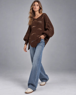Pull oversize en maille ajourée Léonie – Marron