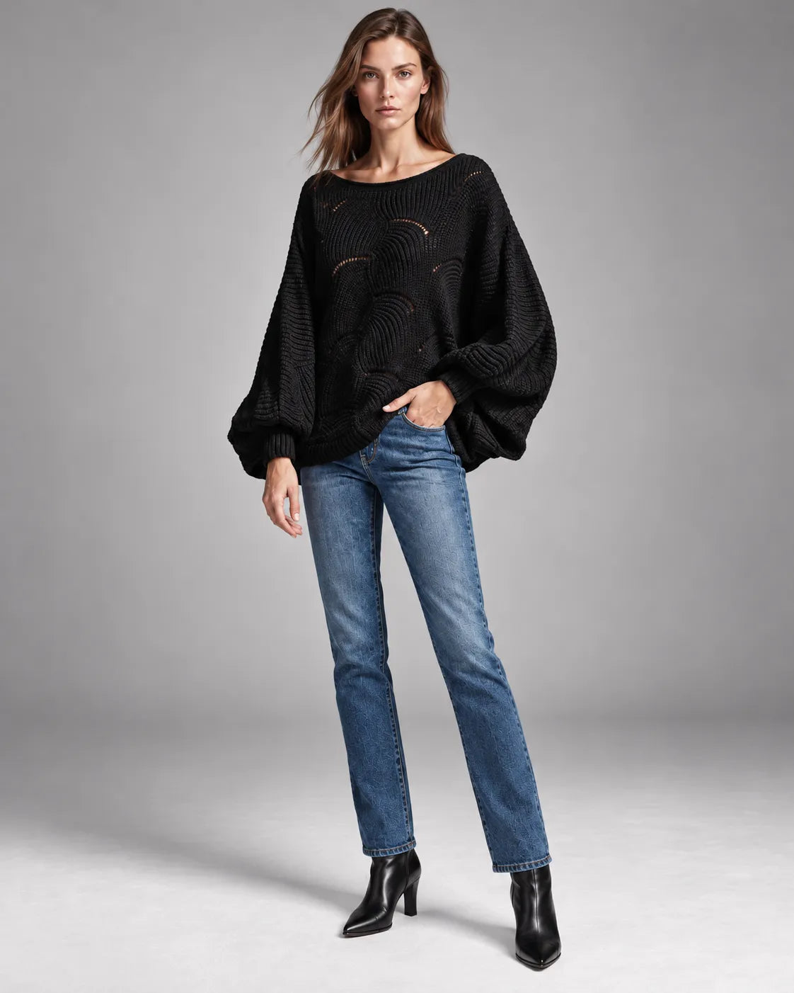 Pull oversize en maille ajourée Léonie – Noir