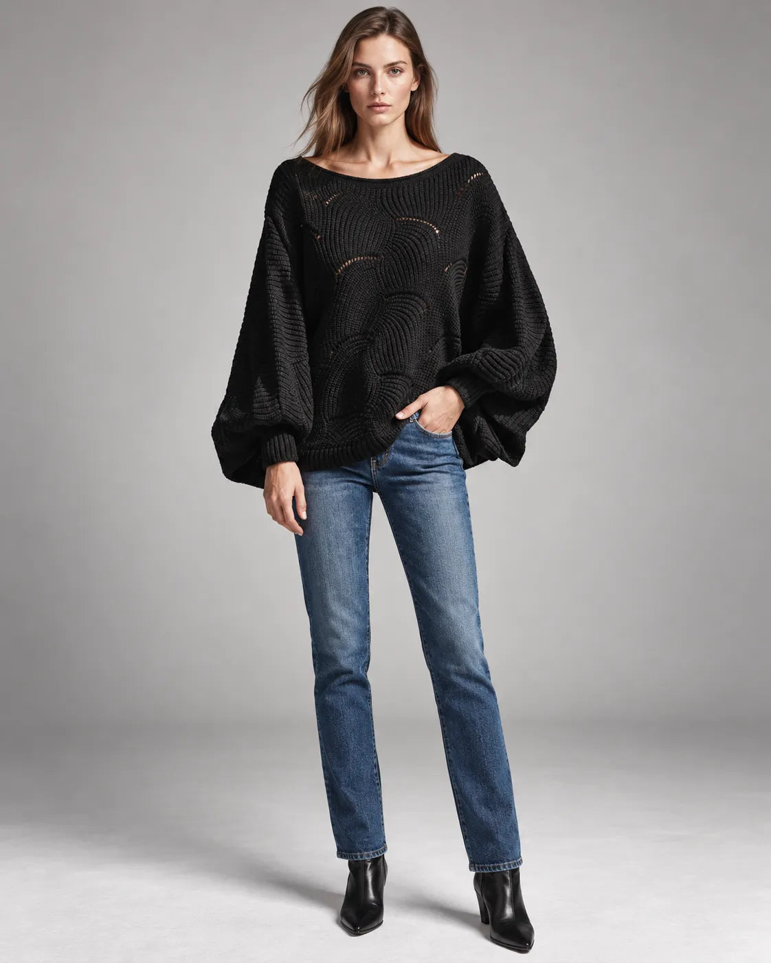 Pull oversize en maille ajourée Léonie – Noir
