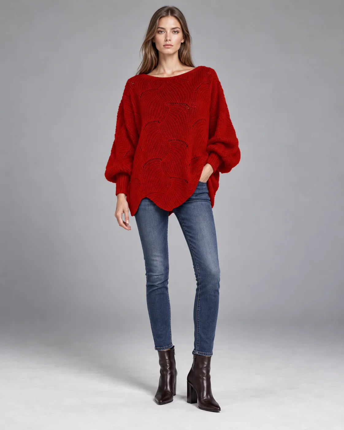 Pull oversize en maille ajourée Léonie – Rouge