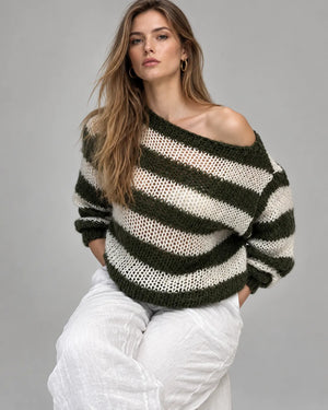 Pull oversize rayé en maille Alma – Vert kaki