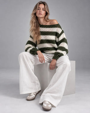 Pull oversize rayé en maille Alma – Vert kaki