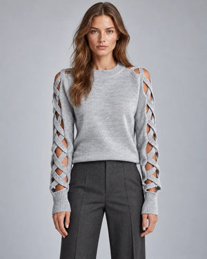 Pull manches ajourées INÈS détail des manches croisées – Gris