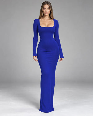 Robe longue col carré JULIETTE de face – Bleu royal